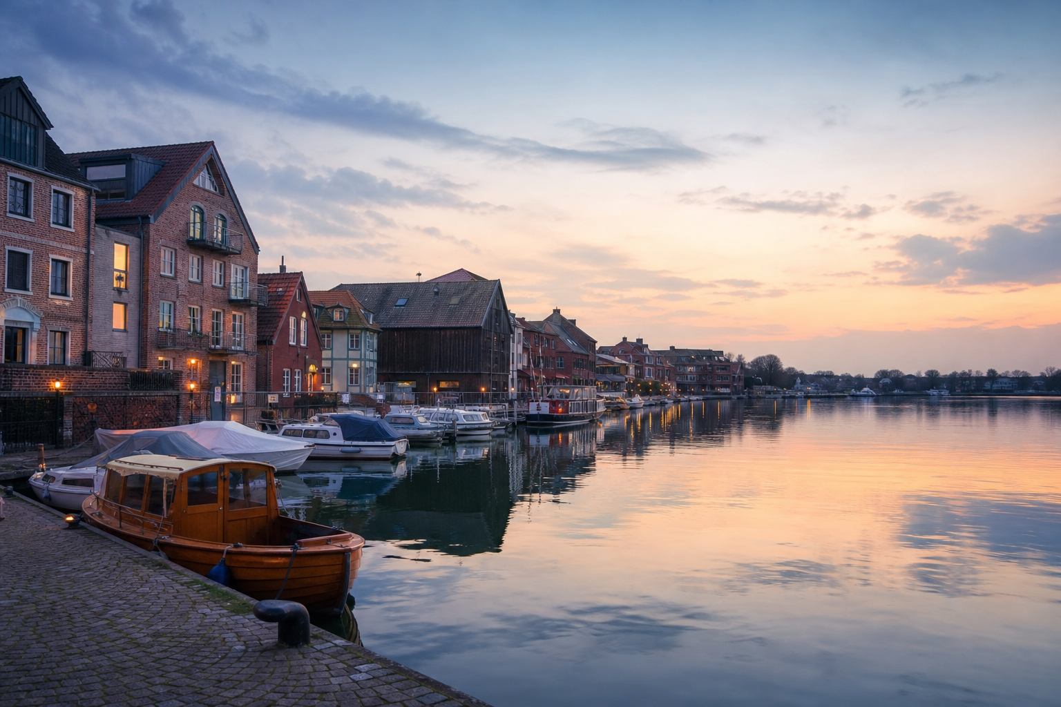 Hafen und Uferpromenade von Waren an der Müritz am Abend